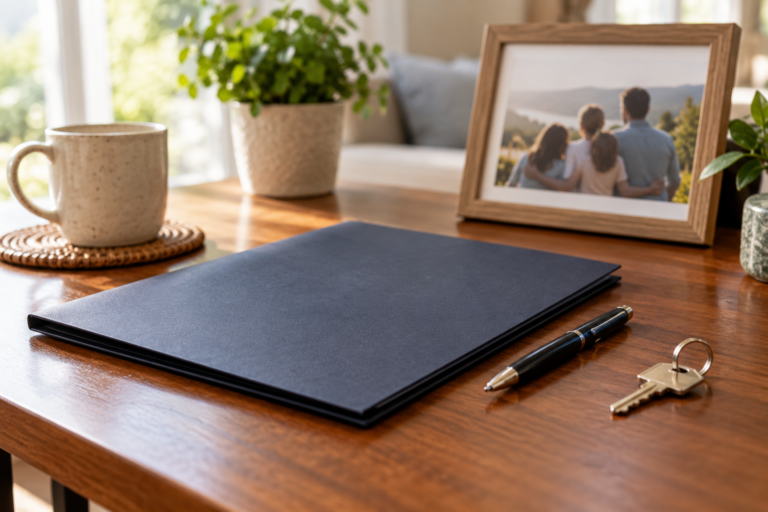 Estate-planning folder, pen, house keys, and a family photograph on a sunlit table.